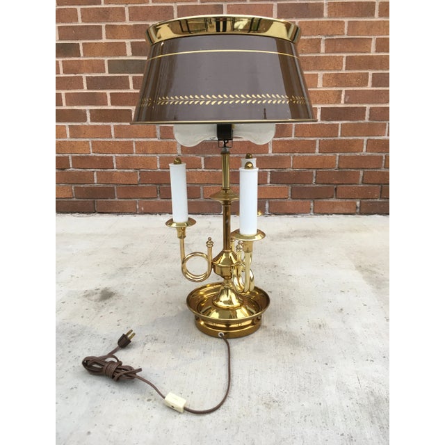 1970s Vintage French Empire Brass Bouillotte Lamp Having Large Toleware Shade For Sale - Image 5 of 13