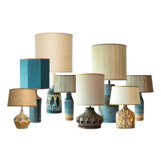 Blue Brown Ceramic Table Lamp with Silk Lamp Shades attributed to R. Houben, 1970 For Sale