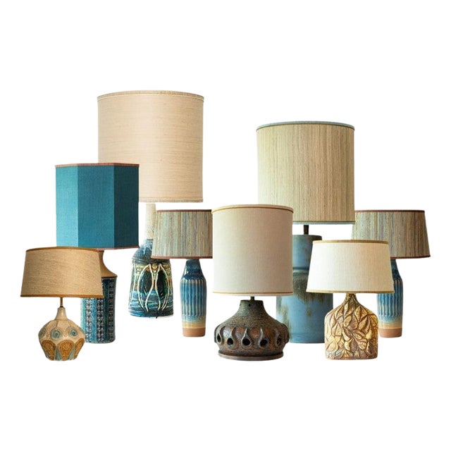 Blue Brown Ceramic Table Lamp with Silk Lamp Shades attributed to R. Houben, 1970 For Sale