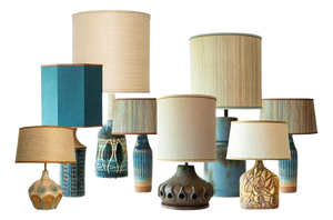 Blue Brown Ceramic Table Lamp with Silk Lamp Shades attributed to R. Houben, 1970