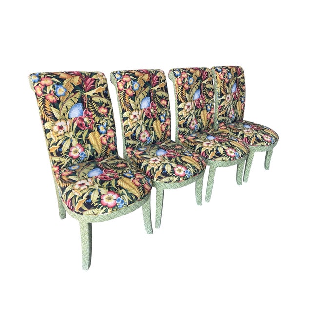 Textile Parsons Style Dining Chairs With Rounded Apron and Tapered Legs in Tropical Botanical Upholstery, Set of 4 For Sale - Image 7 of 12