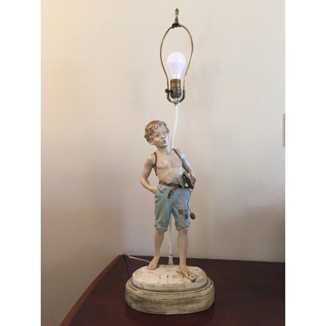 Antique Early 20th Century Mounted Painted Metal Boy Figure Lamp For Sale - Image 12 of 12