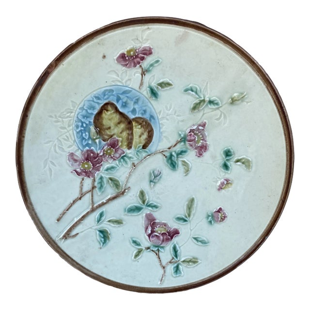 German Majolica Birds & Roses Plate Circa 1900 For Sale