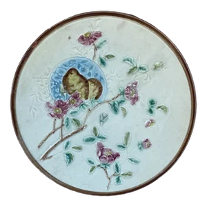 German Majolica Birds & Roses Plate Circa 1900