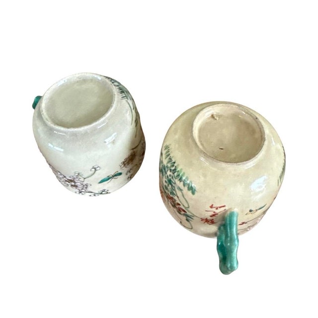 Vintage Japanese Satsuma Style Tea Set Hand Painted Floral Crackle Glaze Green Handles - Set of 7 For Sale - Image 11 of 12
