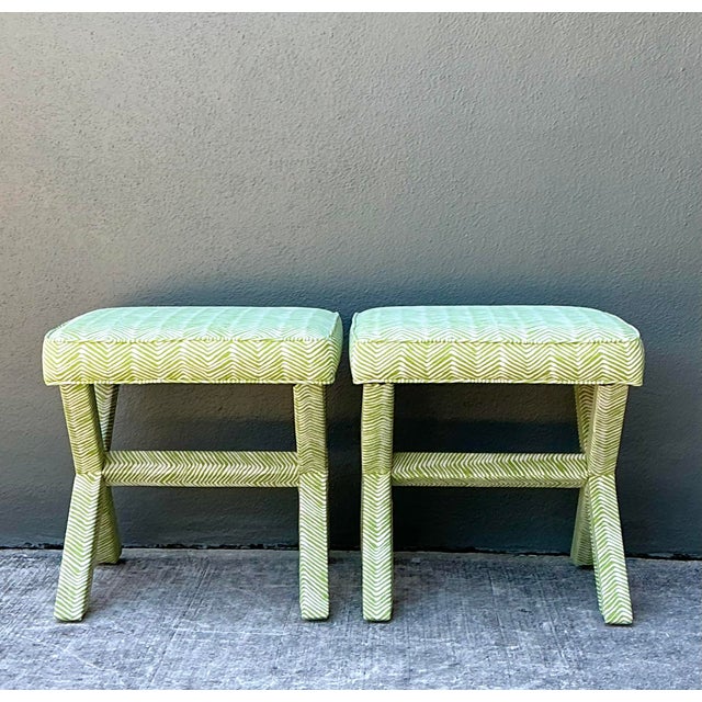 This vibrant pair of vintage X-benches is a designer's dream, featuring the iconic "Zig Zag" hand-printed fabric by Alan...