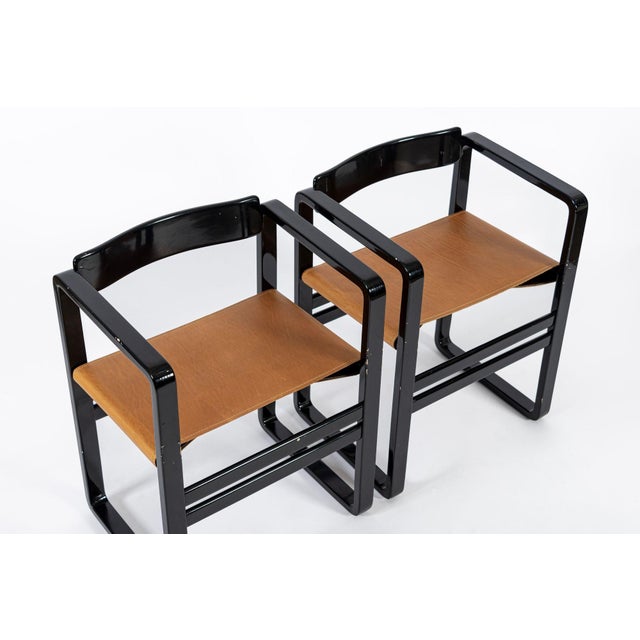 Wood Mid Century Modern Black Lacquer and Brown Leather Arm Chairs 1970s For Sale - Image 7 of 15