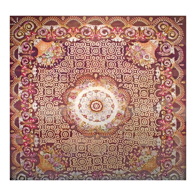 1830s Brown Medallion Antique French Charles X Period Aubusson Rug 14'8"x15' Flatweave Wool Carpet For Sale