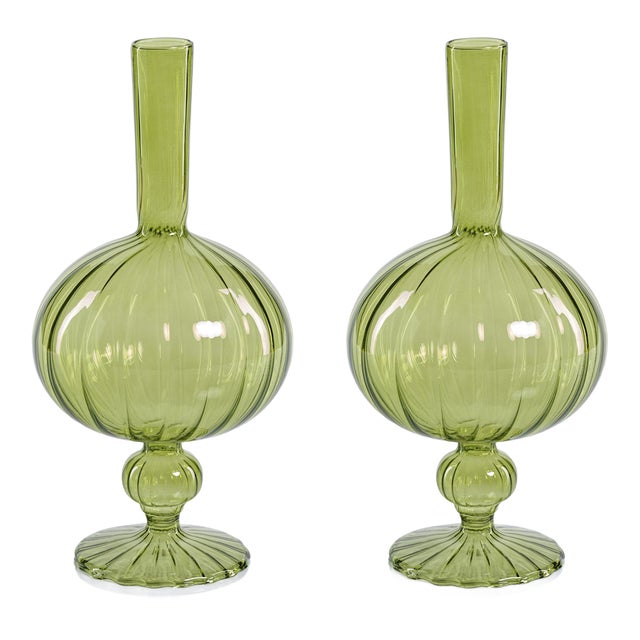 Vellum 2-Piece Set Small Green Spiral Glass Vases, Onion Shape For Sale