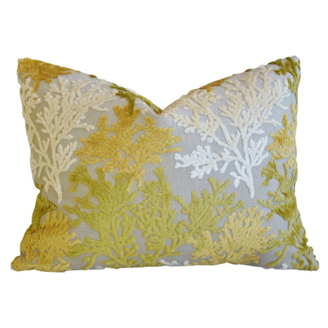 Early 21st Century Nautical Coastal Gold, White & Green Coral Cut Velvet Feather/Down Pillow 24" X 18" For Sale - Image 5 of 5