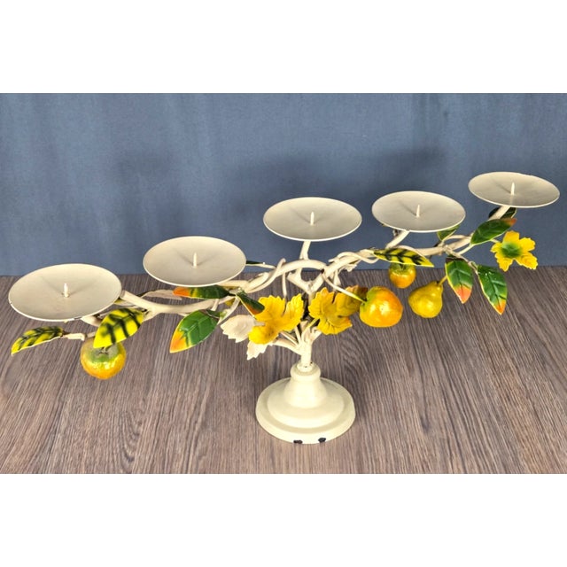 Late 20th Century Tole Hand Painted Metal & Iron Candle Holder, Pears Apples Grapes For Sale - Image 6 of 11