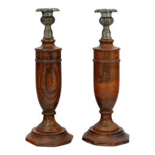English Oak Candlesticks With Ornate Cups, Pair For Sale