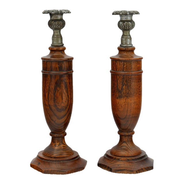 English Oak Candlesticks With Ornate Cups, Pair For Sale