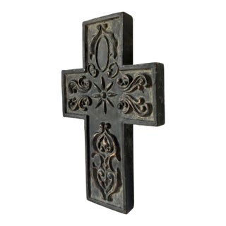 Heavy Brutalist Verdigris Iron Decorative Cross For Sale
