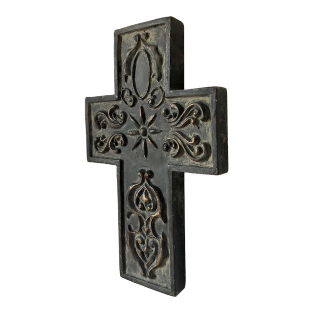Heavy Brutalist Verdigris Iron Decorative Cross For Sale