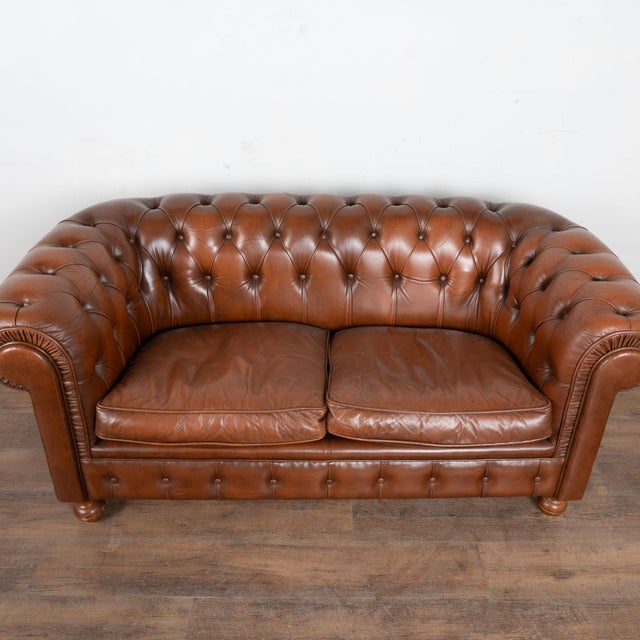 Traditional 20th Century Vintage Brown Leather Chesterfield Two Seat Sofa Loveseat From Denmark For Sale - Image 3 of 14