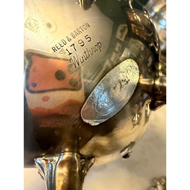 Vintage Reed & Barton "Winthrop" 1795 Silverplate Tea & Coffee Service With Working Tilting Kettle-on-Stand - Set of 4 For Sale - Image 17 of 18