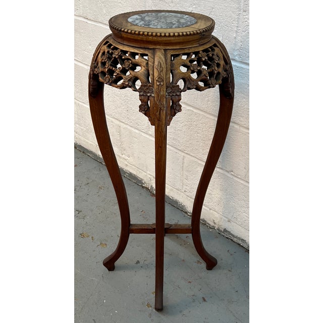 Chinese Antique Chinese Carved Inset Marble Pedestal For Sale - Image 3 of 7