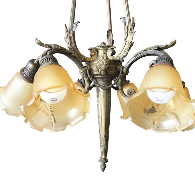 1900s Louis XVI Style Scrolling Bronze Belle Époque Six-Light Chandelier W/ Shades For Sale - Image 10 of 15