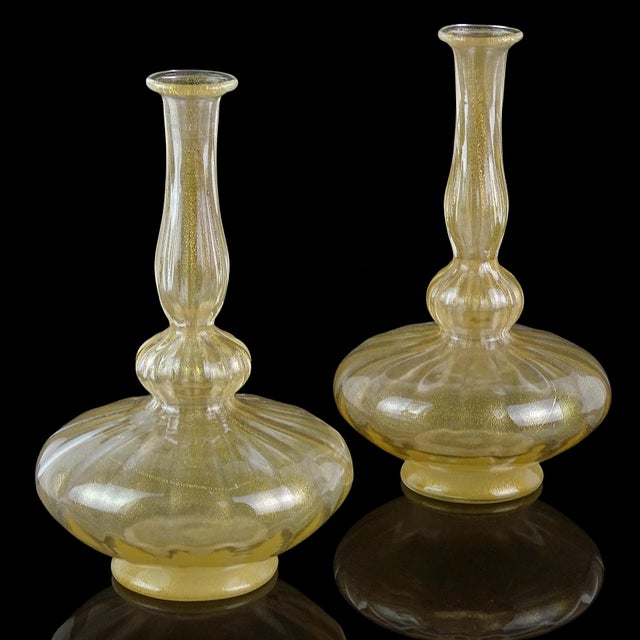 Antique Venetian Murano Gold Flecks Art Glass Pleated Genie Bottle