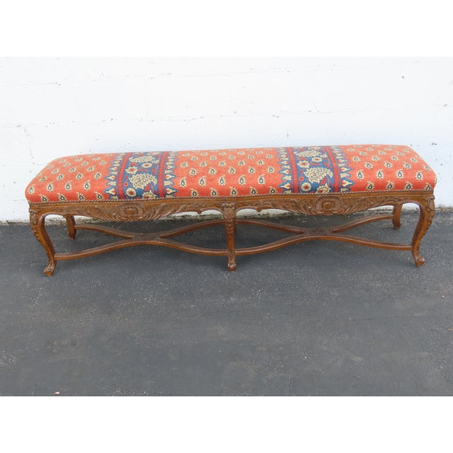 French Heavy Carved Extra Long Upholstered Bed End Hallway Bench 6923 For Sale - Image 17 of 18