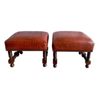 Spanish Colonial Revival Leather Benches With Antique Brass Trim, 1960 For Sale