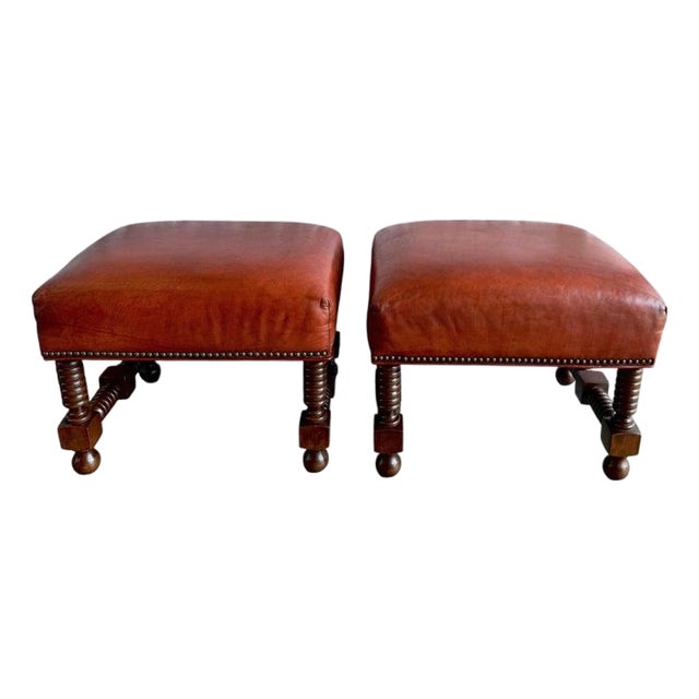 Spanish Colonial Revival Leather Benches With Antique Brass Trim, 1960 For Sale