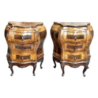 Italian Burled Wood Rococo Style Bombé Chests a Pair For Sale