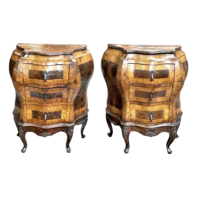 Italian Burled Wood Rococo Style Bombé Chests a Pair For Sale