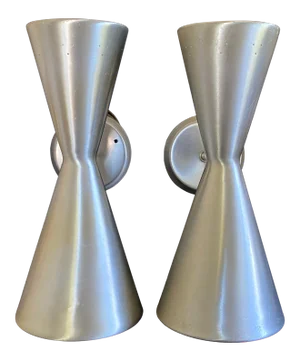 1950s Litecraft Double Cone Spun Aluminum Wall Lights Sconces - a Pair