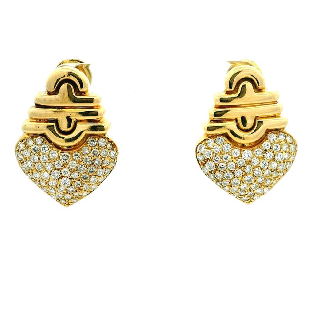 Vintage Italian 18k Gold Diamond Pavé Heart Omega Back Earrings, A Pair For Sale - Image 15 of 16