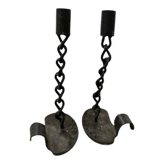 Mid-Century French Pair of Black Iron Candlesticks For Sale