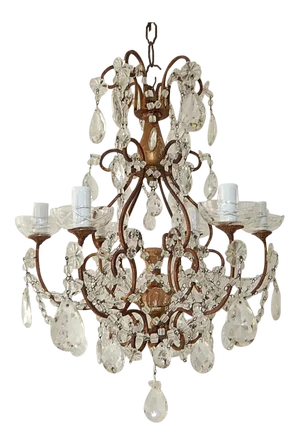Italian Florentine Giltwood Crystal Prisms Chandelier, Circa 1920