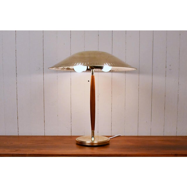 Brown Large Swedish Modern Brass and Beech Table Lamp by Harald Notini for Böhlmarks Lampfabrik Ab, 1940s For Sale - Image 8 of 17