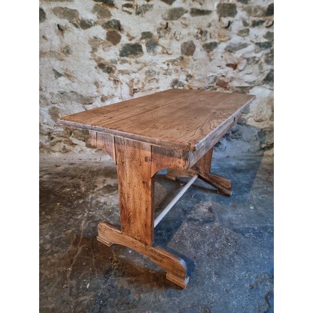 Rustic Antique French Oak Farmhouse Trestle Table, Early 1900s For Sale - Image 3 of 17