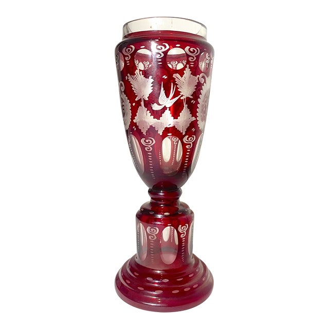 1920s High Quality Handmade Moser Cut to Clear Ruby Red Crystal Glass Etched Vase For Sale