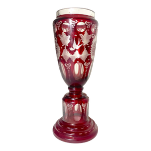 1920s High Quality Handmade Moser Cut to Clear Ruby Red Crystal Glass Etched Vase