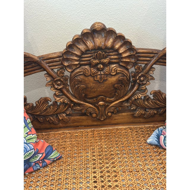 1970s Vintage Hand-Carved Cane Bench With Ornate Floral Crest For Sale - Image 5 of 7