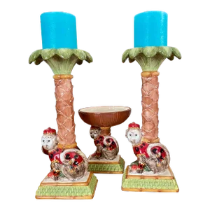 1980s Raymond Waites Empire Collection Monkeys 2 Candleholders and 1 Bowl - Set of 3