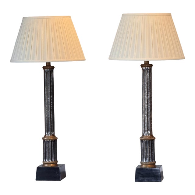 1950s Metal Column Table Lamps in Bronze and Silver - a Pair For Sale