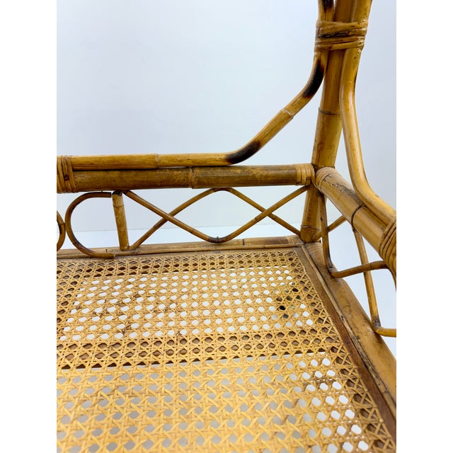 Wood Vintage Bamboo and Cane Two-Tier Bar Cart With Brass Casters For Sale - Image 7 of 13
