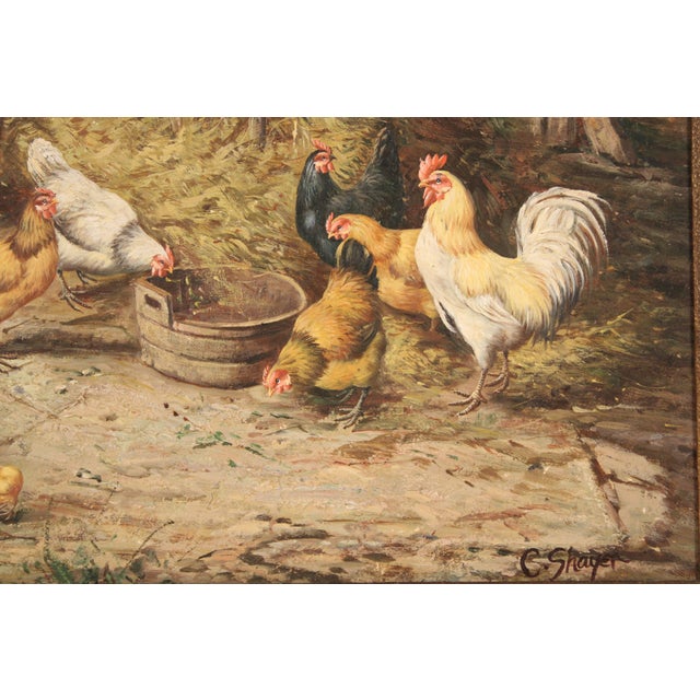 Wood Farmyard Painting With Chickens by Charles W. Shayer (1826-1914) For Sale - Image 7 of 11