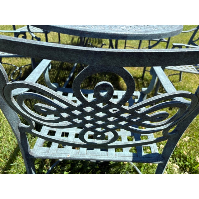 Handsome Cast Aluminum Garden Table With Six Chairs For Sale - Image 10 of 11