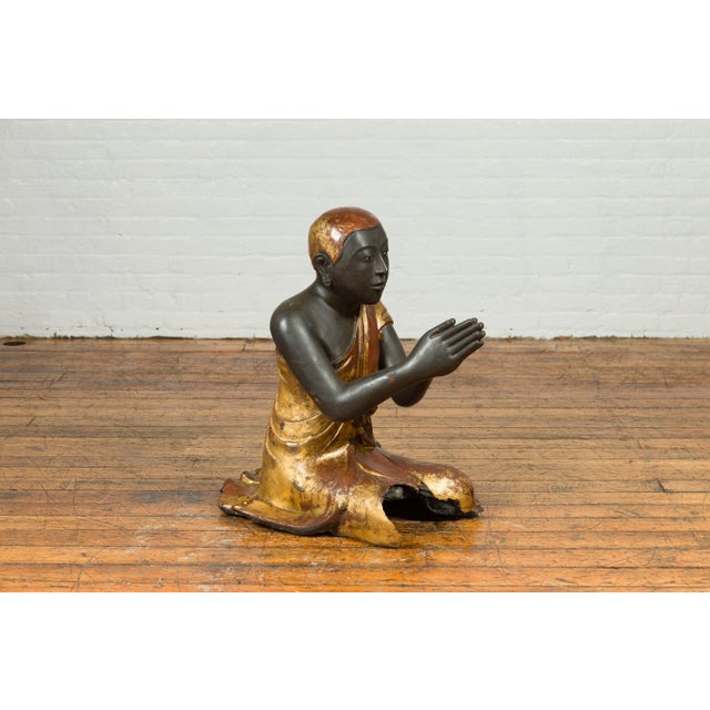 Mid 19th Century Thai Kneeling Ceremonial Temple Monk Lacquered and Gilt Sculpture For Sale - Image 11 of 13