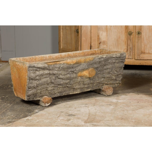 Brown Rustic Pair of Faux Bois Midcentury Trough Shaped Concrete Planters, circa 1930 For Sale - Image 8 of 12