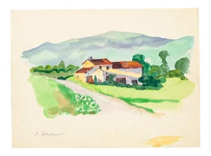 Countryside - Original Watercolor on Paper by Pierre Segogne - 1950s 1950