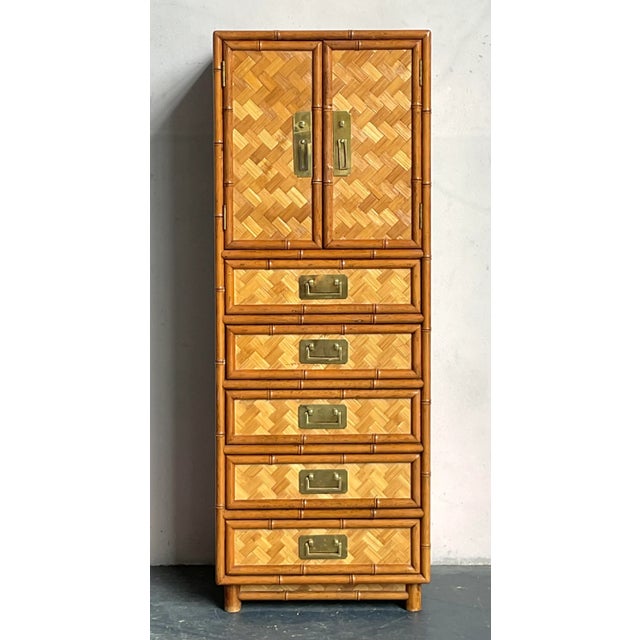 Wood Vintage Boho Parquet Rattan Gentleman’s Chest For Sale - Image 7 of 7