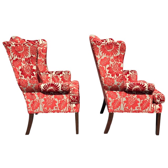 Pair of Late 20th Century Custom Upholstered Wingback Armchairs in Red and Ivory Floral Cut Velvet For Sale - Image 9 of 14