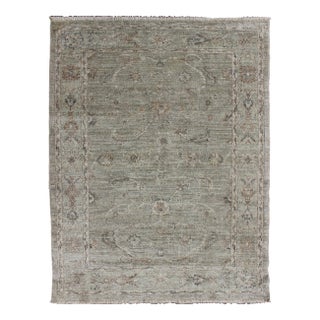 Angora Turkish Oushak Rug in Sage Green and Taupe With Faded Design 4'0 X 5'5 For Sale