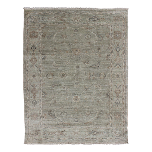 Angora Turkish Oushak Rug in Sage Green and Taupe With Faded Design 4'0 X 5'5